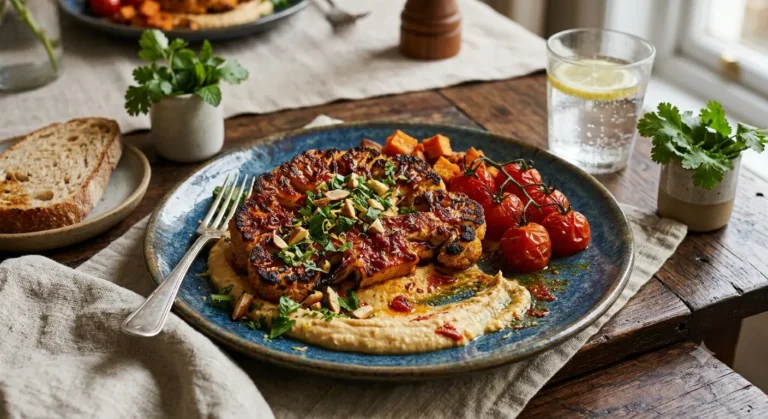 Harissa-Glazed Cauliflower Steaks over Creamy Hummus