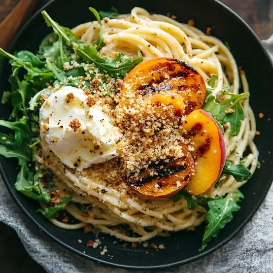 Vegan Grilled Peach & Burrata Pasta