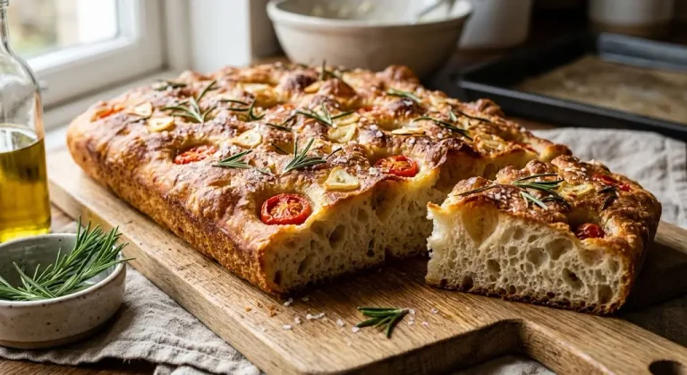 Crispy No-Knead Vegan Focaccia Bread topped with fresh rosemary and sea salt".